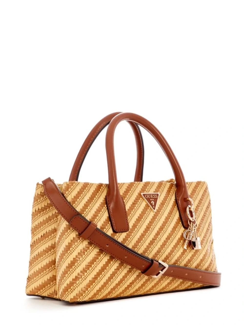New GUESS Brown and Tan Woven Satchel with Gold Charm